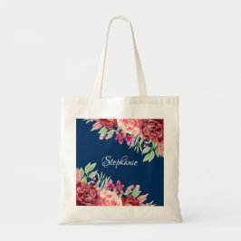 Waterverf Floral Monogram Navy Blue Burgundy Tote Bag