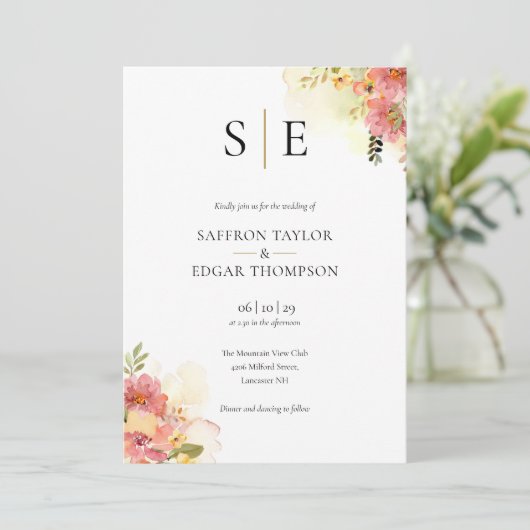 Waterverf Floral Monogram QR Code Bruiloft Kaart (Staand voorkant)