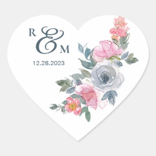 Waterverf Floral monogram roze blauwe pagina Hart Sticker