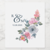 Waterverf Floral monogram roze blauwe pagina Wijn Etiket (Enkel label)