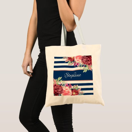 Waterverf Floral Monogram Stripes van Navy Burgund Tote Bag (Voorkant (product))