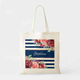 Waterverf Floral Monogram Stripes van Navy Burgund Tote Bag