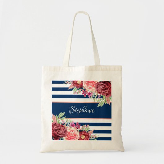 Waterverf Floral Monogram Stripes van Navy Burgund Tote Bag (Voorkant)