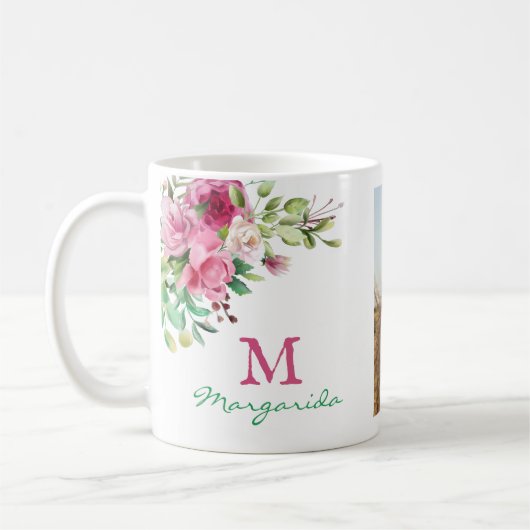 Waterverf Floral Monogram Twee Foto Collage Girl Koffiemok (Links)