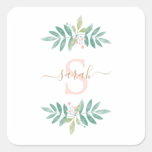 Waterverf Floral Monogram Vierkante Sticker (Voorkant)