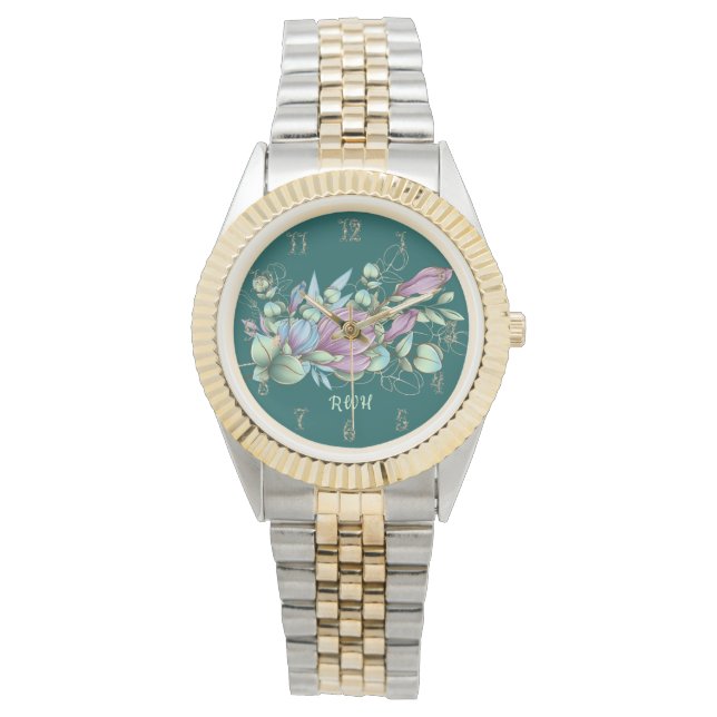 Waterverf Floral Monogrammed Watch Horloge (Voorkant)