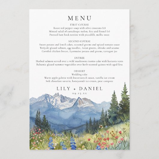 Waterverf Floral Mountain Wildflower Wedding Menu (Voorkant)