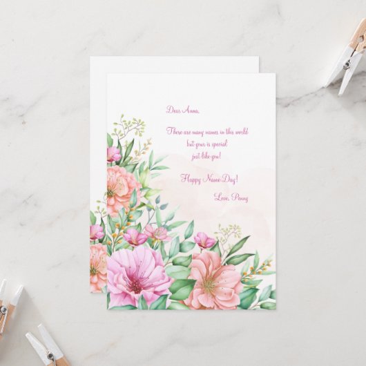 Waterverf Floral Name Day Card Kaart (Voorkant / Achterkant in situ)