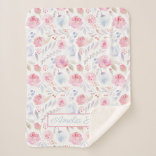 Waterverf Floral Name Modern Pink, Baby Blanket Sherpa Deken