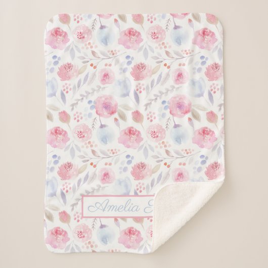 Waterverf Floral Name Modern Pink, Baby Blanket Sherpa Deken (Voorkant)