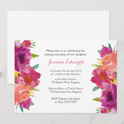 Waterverf Floral Naming Ceremony Persoonlijk Kaart (Voorkant / Achterkant)