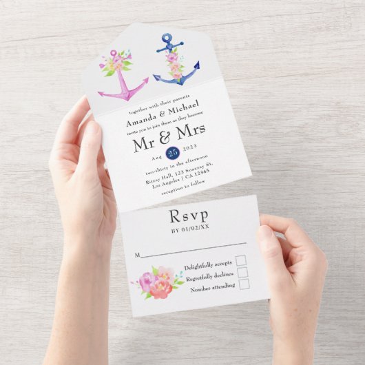 Waterverf Floral Nautical Wedding All In One Uitnodiging (Afscheurbaar)