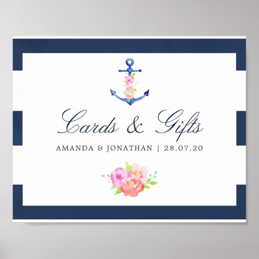 Waterverf Floral Nautical Wedding Cards en Gifts Poster (Voorkant)