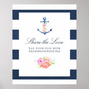 Waterverf Floral Nautical Wedding Hashtag Poster