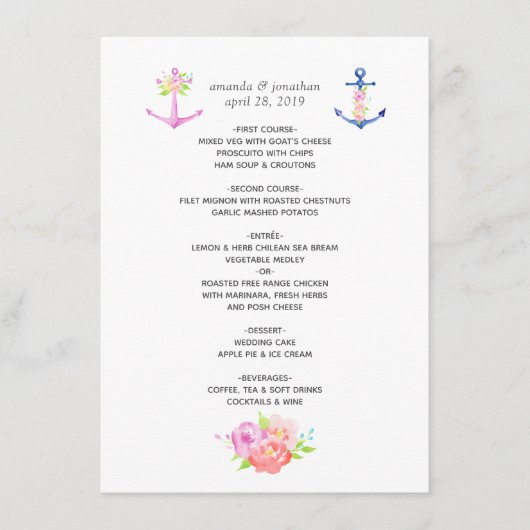 Waterverf Floral Nautical Wedding Menu (Voorkant)