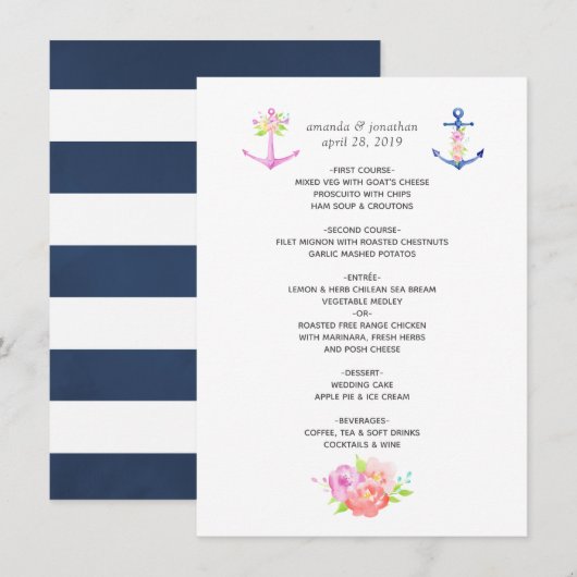 Waterverf Floral Nautical Wedding Menu (Voorkant / Achterkant)