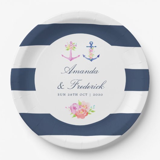Waterverf Floral Nautical Wedding Papieren Bordje (Voorkant)