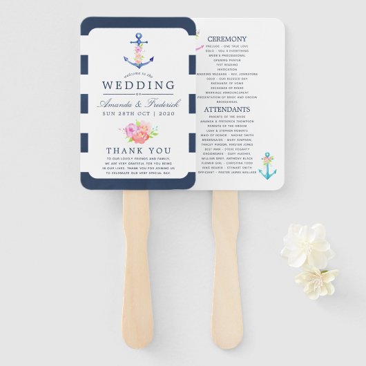 Waterverf Floral Nautical Wedding Programme Handwaaier (Voorkant en achterkant)
