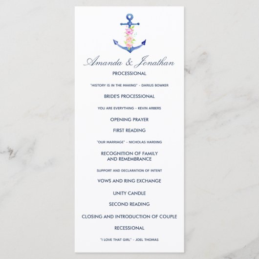 Waterverf Floral Nautical Wedding Programme Programmakaart (Voorkant)