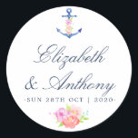 Waterverf Floral Nautical Wedding Ronde Sticker<br><div class="desc">Trendy nautische trouwstickers met een waterverf bloemanker en bloemen.</div>