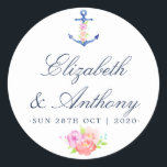Waterverf Floral Nautical Wedding Ronde Sticker<br><div class="desc">Trendy nautische trouwstickers met een waterverf bloemanker en bloemen.</div>