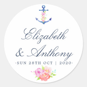 Waterverf Floral Nautical Wedding Ronde Sticker