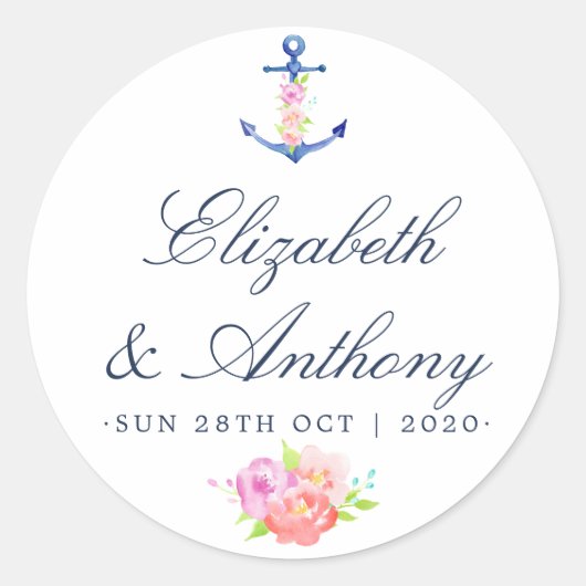 Waterverf Floral Nautical Wedding Ronde Sticker (Voorkant)
