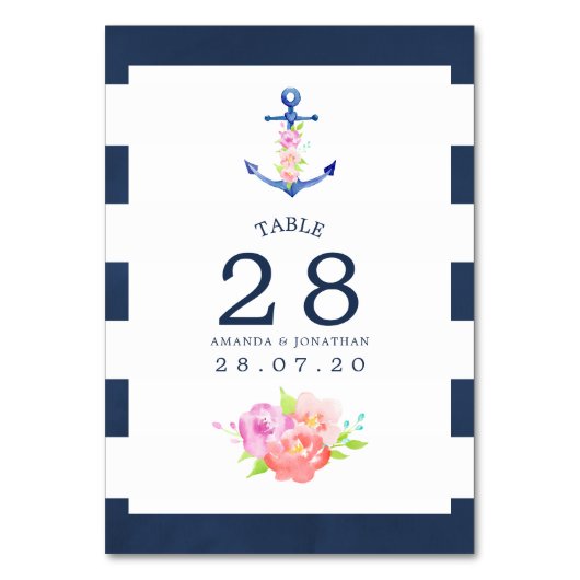 Waterverf Floral Nautical Wedding Table Number Kaart (Voorkant)