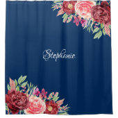 Waterverf Floral Navy Blue gepersonaliseerd Douchegordijn (Voorkant)
