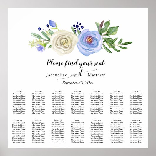 Waterverf Floral Navy Blue in White Seating Chart Poster (Voorkant)