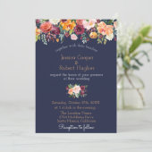 Waterverf Floral Navy Blue Wedding Invitation Kaart (Staand voorkant)