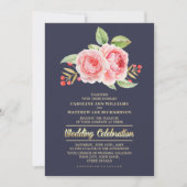 Waterverf Floral Navy Blue Wedding Kaart (Voorkant)