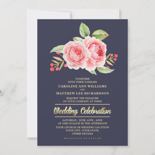 Waterverf Floral Navy Blue Wedding Kaart (Voorkant)