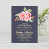 Waterverf Floral Navy Blue Wedding Kaart (Staand voorkant)