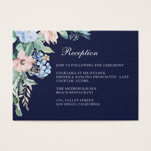 Waterverf Floral Navy Hydrangea Wedding Reception Visitekaartje (Voorkant)