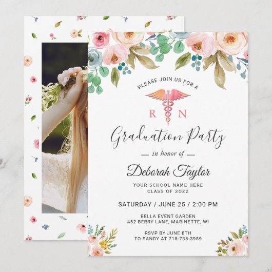 Waterverf Floral Neurse Afstuderen Foto Afstuderen Kaart (Voorkant / Achterkant)