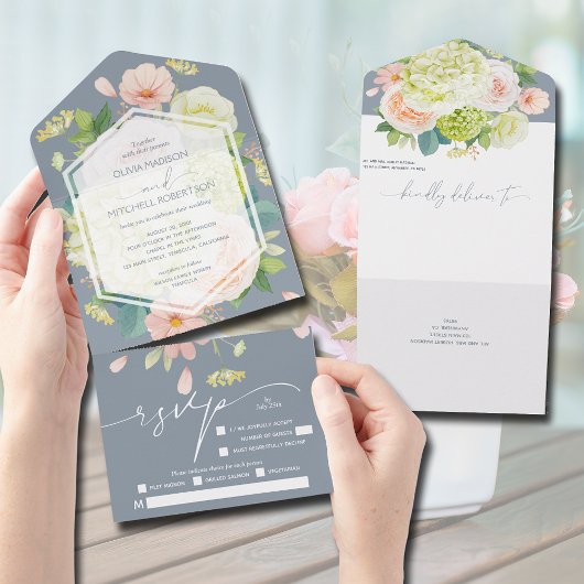 Waterverf Floral op het mosterdblauw huwelijk All In One Uitnodiging