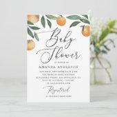 Waterverf floral oranje citrus script baby shower kaart (Staand voorkant)