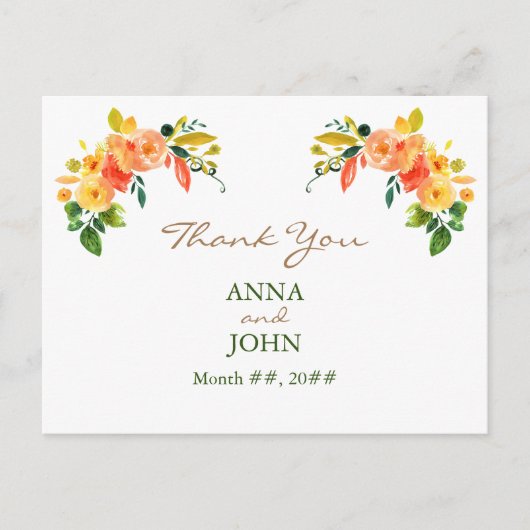 Waterverf floral oranje Dank u wel Briefkaart (Voorkant)