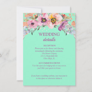 Waterverf Floral over Neo Mint Wedding Reception Kaart