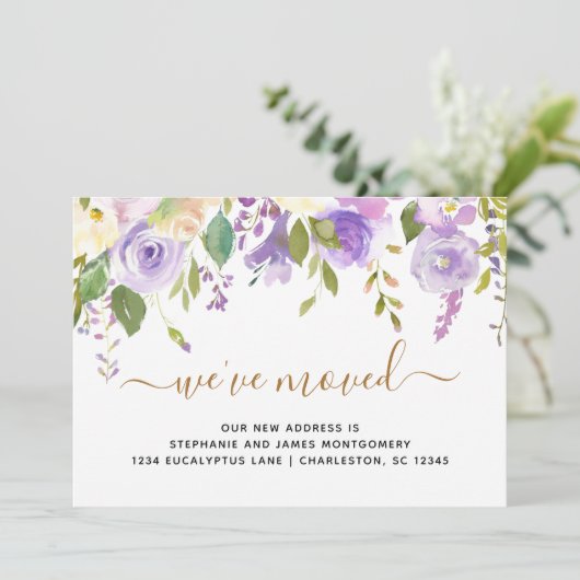 Waterverf Floral Paars Gold Moving Aankondiging (Staand voorkant)