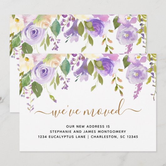 Waterverf Floral Paars Gold Moving Aankondiging (Voorkant / Achterkant)