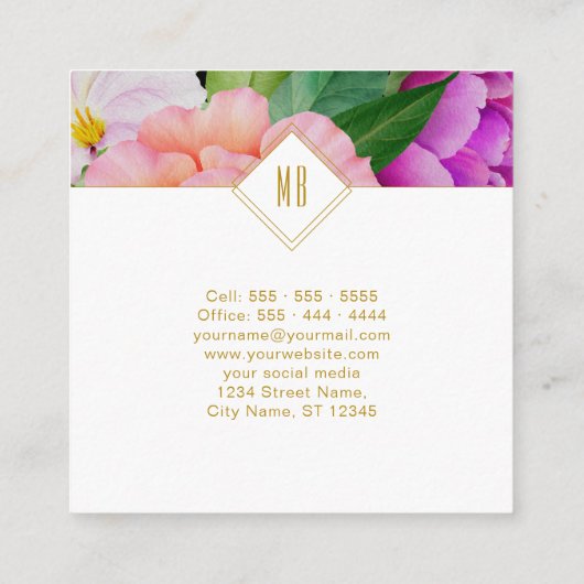 Waterverf Floral Paars roze rozen Modern Vierkante Visitekaartje (Achterkant)