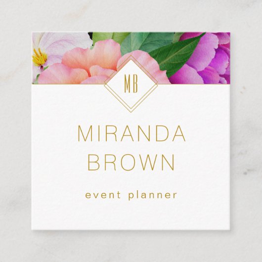 Waterverf Floral Paars roze rozen Modern Vierkante Visitekaartje (Voorkant)