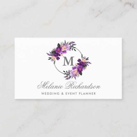 Waterverf Floral Paars Ultra Violet Monogram Visitekaartje (Voorkant)