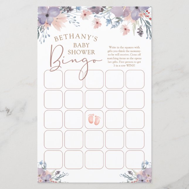 Waterverf Floral Paars Violet Baby shower Bingo (Voorkant)