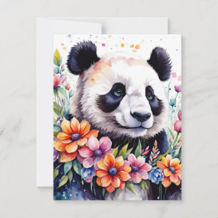 Waterverf Floral Panda Beer Wenskaart Feestdagenkaart