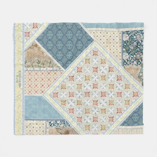 WATERVERF Floral Patchwork Pattern Blue Tan Fleece Deken (Voorkant (Horizontaal))