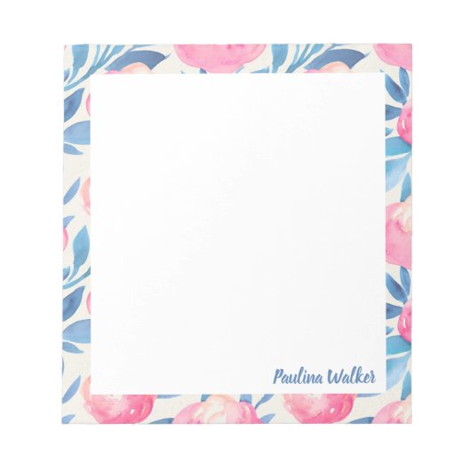  Waterverf Floral Patroon Roze Blauwe Naam Notitieblok (Voorkant)