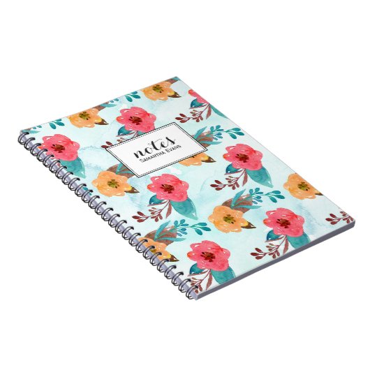 Waterverf Floral Pattern Aqua Blue en Roze Notitieboek (Rechterzijde)